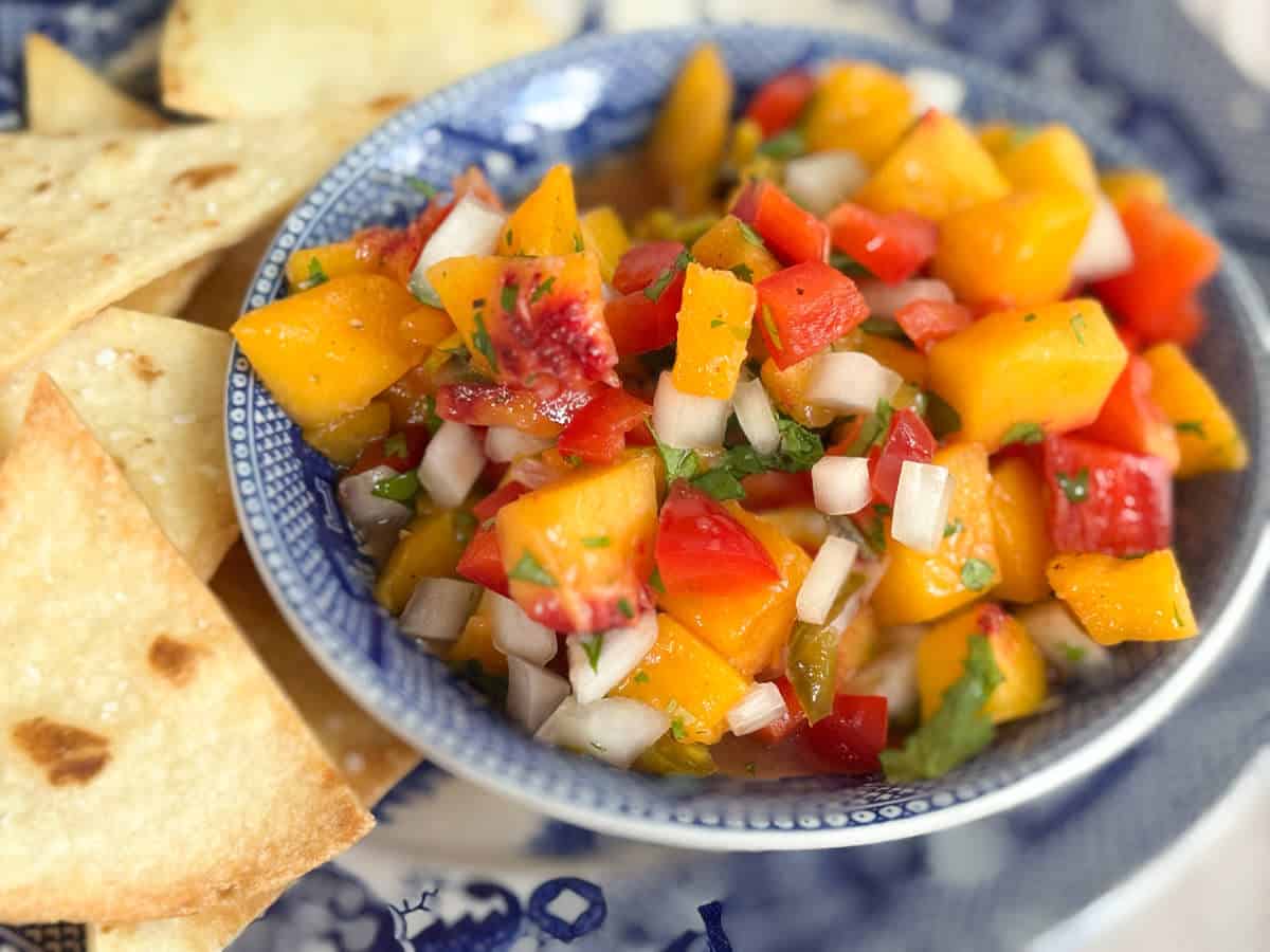 A blue and white bowl filled with a colorful salsa made of diced mango, red bell pepper, onion, cilantro, and tomato. Several pieces of baked tortilla chips are arranged beside the bowl on the plate.