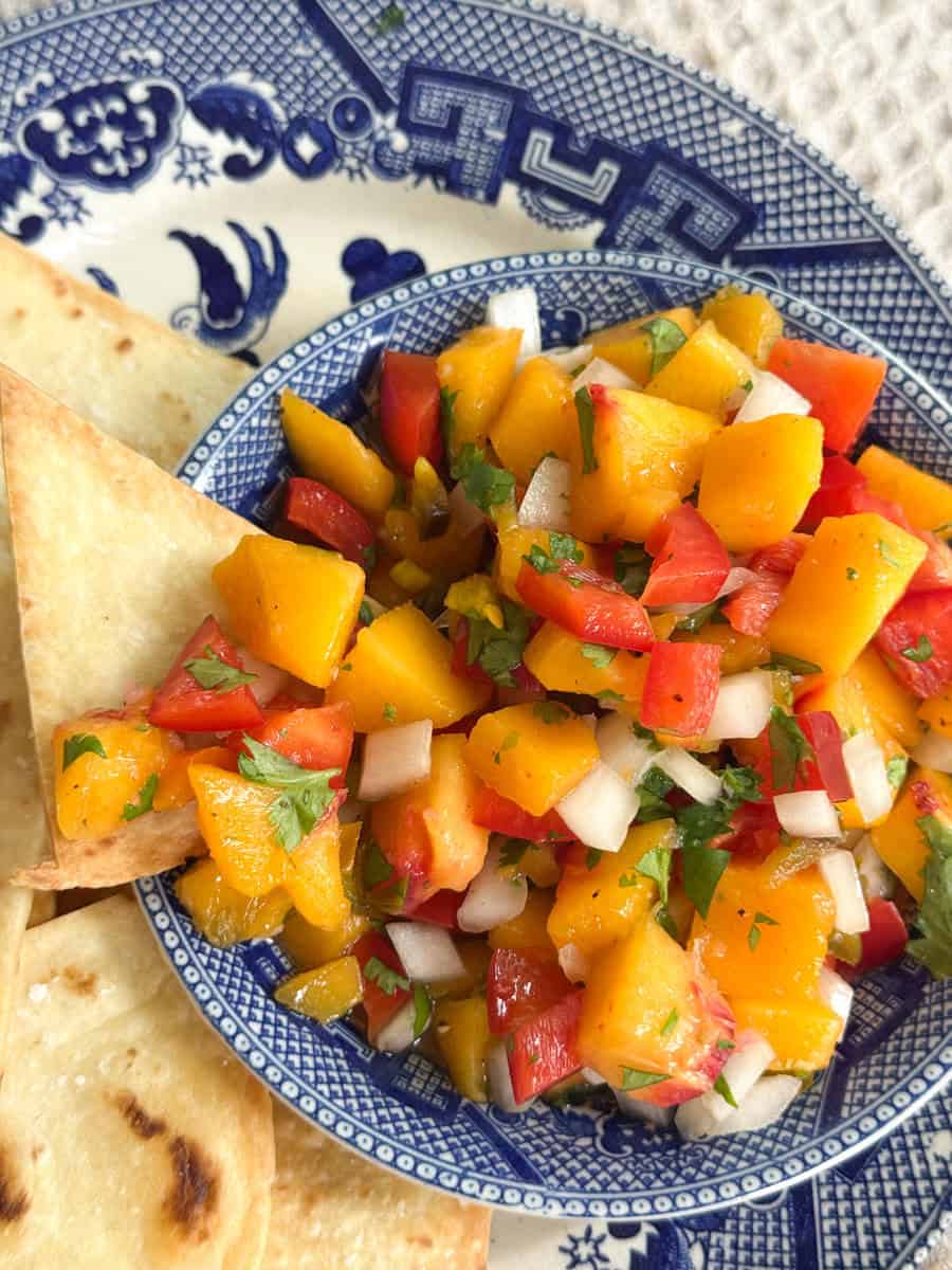A blue and white patterned bowl filled with mango salsa containing diced mango, red bell pepper, onion, and cilantro, next to tortilla chips on a matching plate.