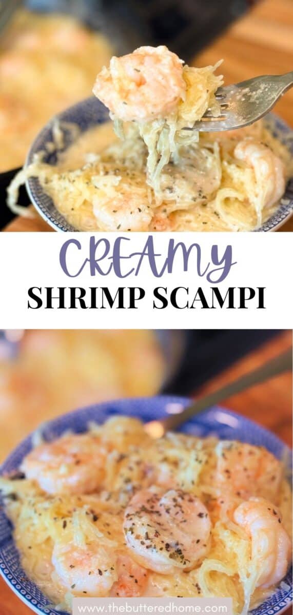 A bowl of creamy shrimp scampi with spaghetti noodles, topped with shrimp and black pepper. A fork is lifting a bite of noodles and shrimp above the bowl. The text reads "Creamy Shrimp Scampi.