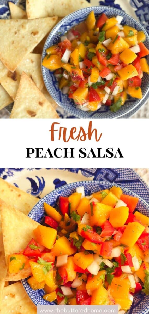 Two blue patterned bowls filled with diced peach salsa containing red bell peppers, onions, and cilantro, served with triangular tortilla chips on a blue and white plate. The text reads "Fresh Peach Salsa.