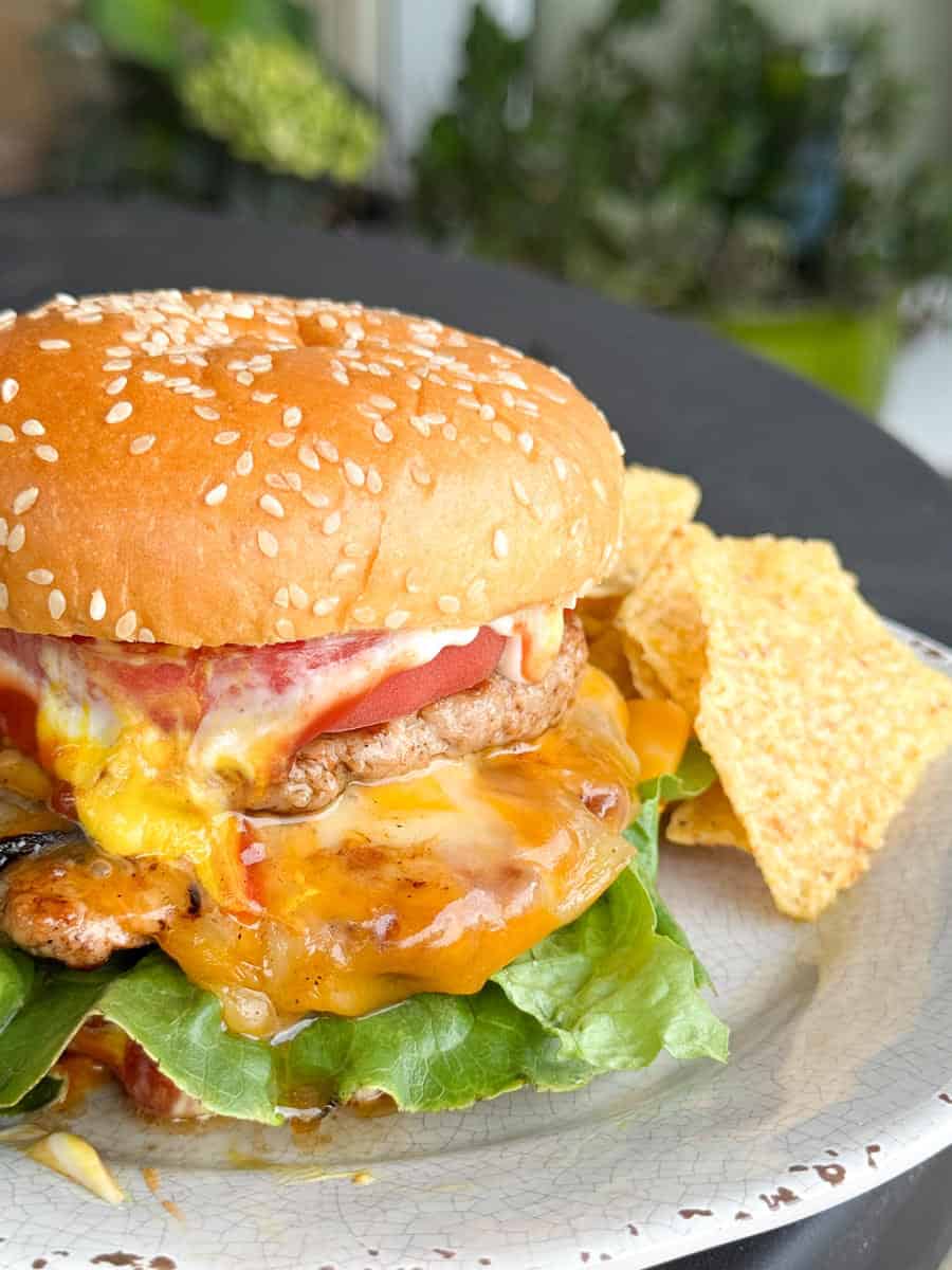 A cheeseburger with lettuce, tomato, and melted cheese in a sesame seed bun is served on a plate with tortilla chips. There are green plants blurred in the background.