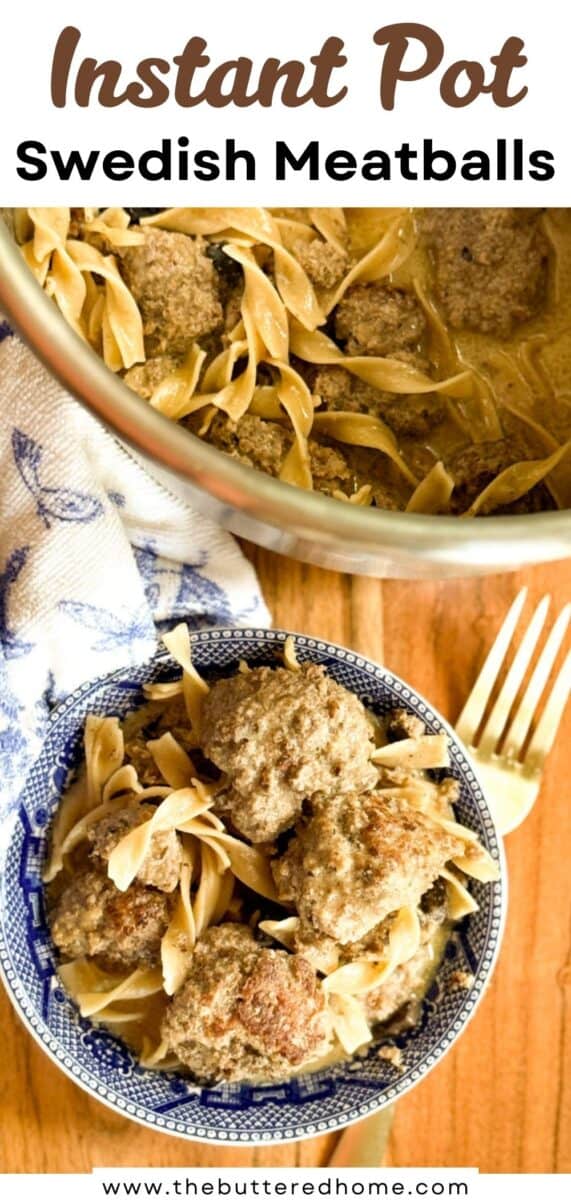 Top-down view of a bowl filled with Swedish meatballs and egg noodles next to a larger pot containing more of the dish. A fork and a blue and white napkin are placed beside the bowl.