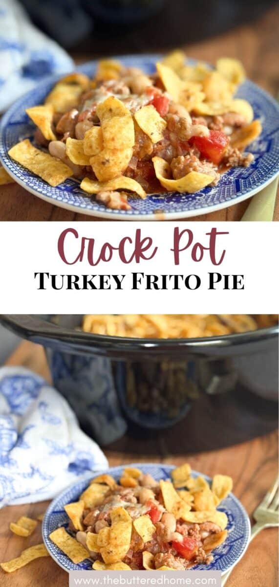 A plate of turkey Frito pie sits on a blue-patterned plate, featuring corn chips topped with turkey chili and melted cheese. Behind it, a slow cooker and a blue-and-white napkin are visible. Text reads "Crock Pot Turkey Frito Pie.