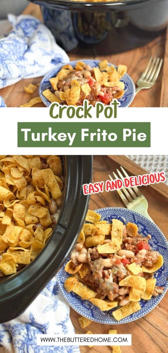 Two images show a crock pot turkey Frito pie. The top image features a blue plate with Fritos, turkey, beans, and tomatoes, next to a crock pot. The bottom image shows a serving being plated from the crock pot onto a similar plate.