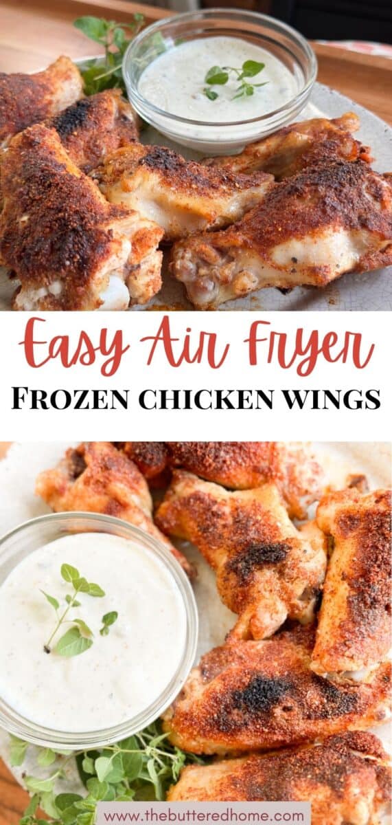 A plate of seasoned, cooked chicken wings next to a small bowl of creamy dipping sauce, garnished with fresh herbs. The text reads “Easy Air Fryer Frozen Chicken Wings.”.