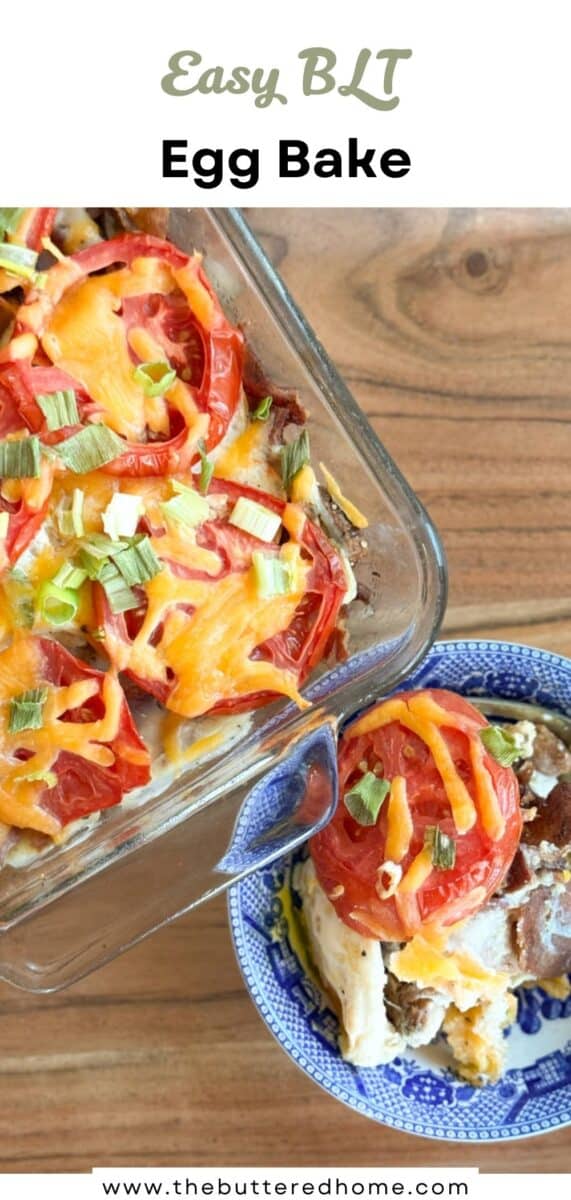 A glass baking dish with an egg bake topped with sliced tomatoes, melted cheese, and chopped green onions, next to a serving in a blue patterned bowl. Text reads "Easy BLT Egg Bake, www.thebutteredhome.com.