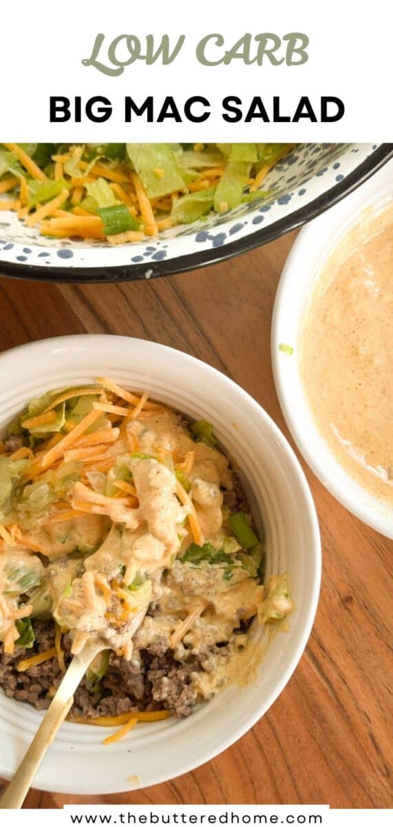 A white bowl filled with ground beef, shredded cheese, lettuce, and dressing sits on a wooden surface. Nearby are a large bowl of salad and a separate bowl of creamy dressing. Text reads “Low Carb Big Mac Salad.”.