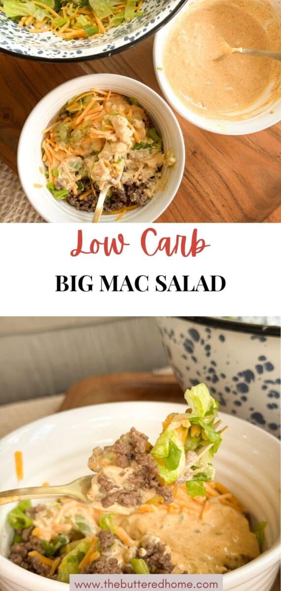 A white bowl filled with ground beef, shredded cheese, lettuce, and creamy sauce sits on a table. Next to it, a glass bowl holds extra sauce. A fork lifts a bite of salad from the bowl. Text reads: “Low Carb Big Mac Salad.”.
