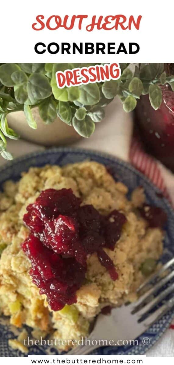 A serving of Southern cornbread dressing topped with cranberry sauce sits on a blue-rimmed plate next to a green plant and a glass jar containing red jam; a fork rests on the plate.