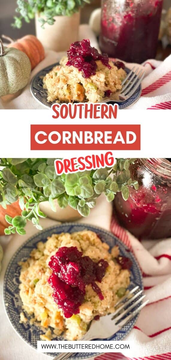 A plate with a serving of cornbread dressing topped with cranberry sauce is shown next to a jar of cranberry sauce, small pumpkins, and green plants. The text reads "Southern Cornbread Dressing.