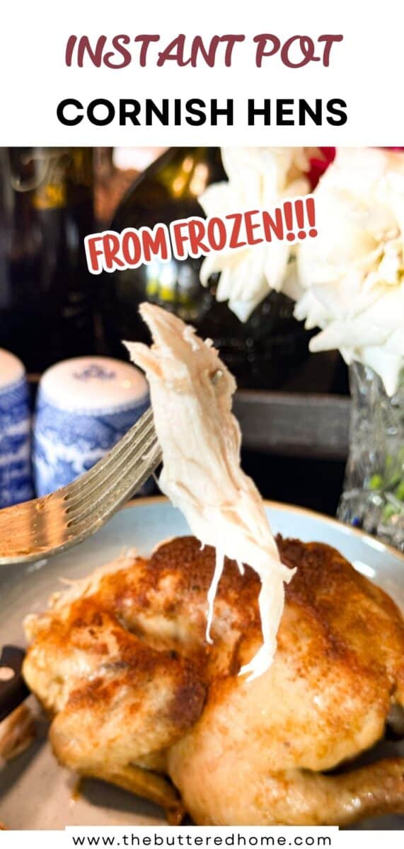 A fork holds a piece of shredded chicken above a plate with a whole cooked Cornish hen. The text reads “Instant Pot Cornish Hens from Frozen!!!” Flowers and blue-patterned containers appear in the background.