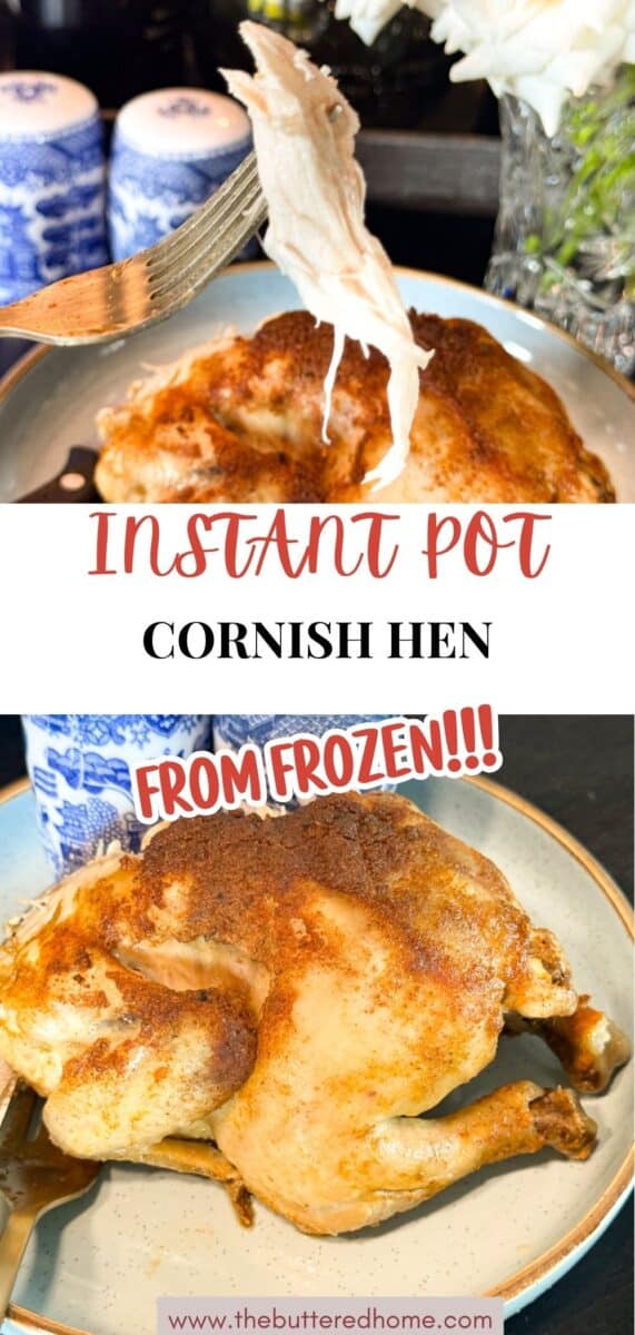 Two images of a cooked Cornish hen on a plate. The top image shows a fork lifting a piece of meat from the hen. The bottom image shows the whole hen. Text reads "Instant Pot Cornish Hen from frozen.