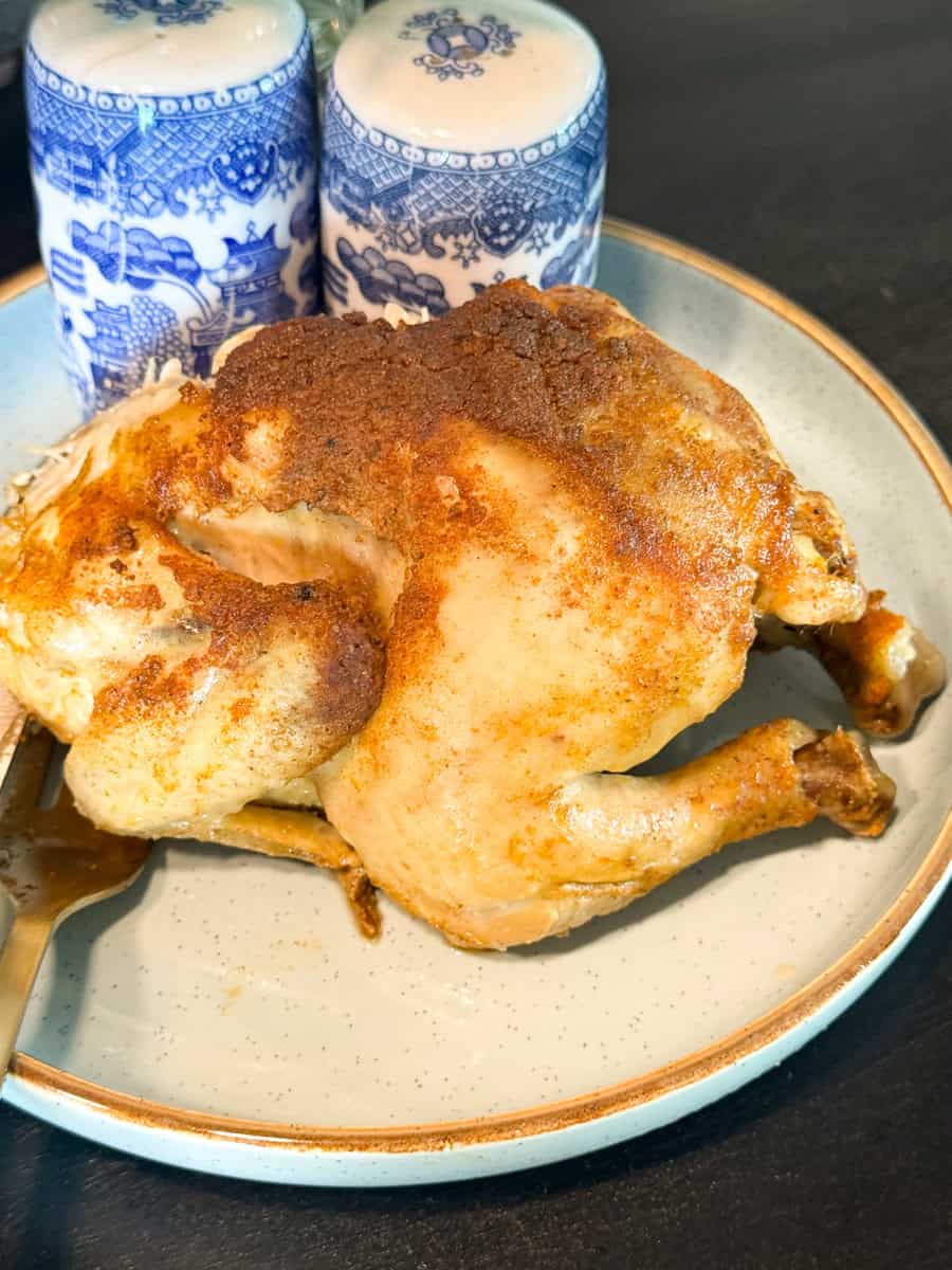 A whole cooked chicken with seasoning sits on a plate next to two blue and white patterned salt and pepper shakers. A fork rests under one side of the chicken.