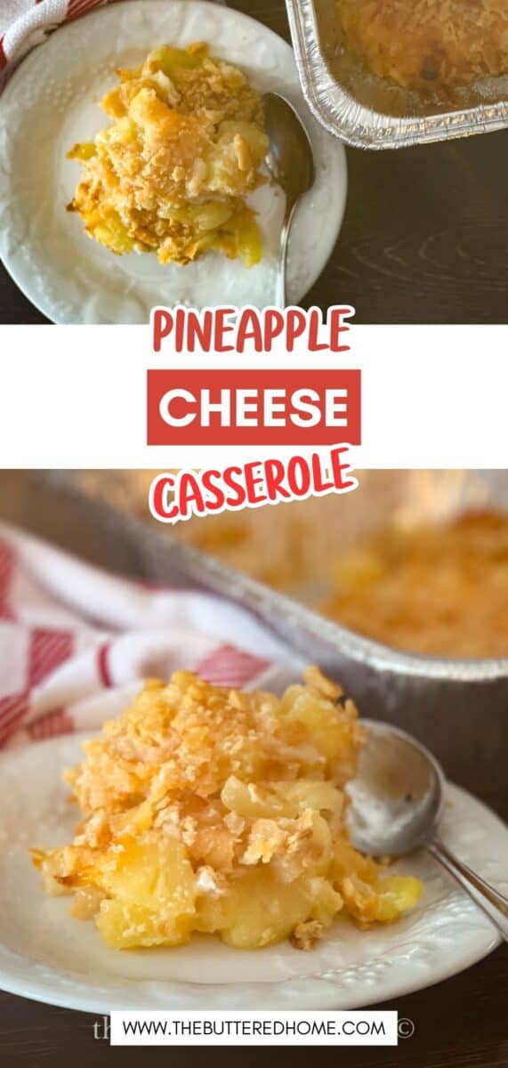 A serving of pineapple cheese casserole on a white plate with a spoon, next to a baking dish filled with more casserole. The dish consists of a golden, crumbly topping over a yellow pineapple mixture.