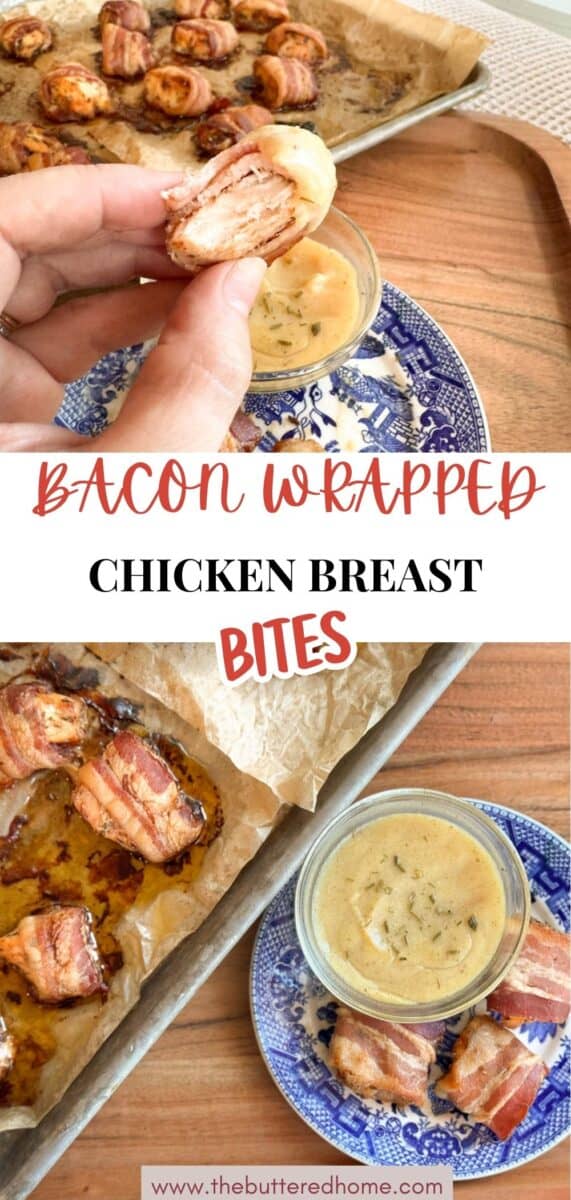 A hand holds a bacon-wrapped chicken breast bite above a blue and white plate with dipping sauce. A tray with more bacon-wrapped bites and another plate with sauce are on a wooden table. Text reads: "Bacon Wrapped Chicken Breast Bites.