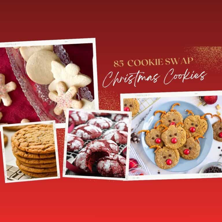 A collage featuring various Christmas cookies, including sugar cookies, gingerbread reindeer cookies, red velvet crinkle cookies, and stacked oatmeal cookies, with the text "85 Cookie Swap Christmas Cookies" on a red background.