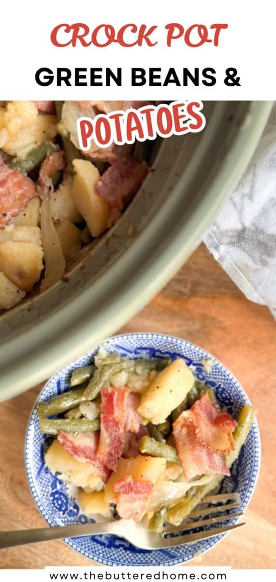Overhead view of a crock pot filled with green beans, potatoes, onions, and pieces of bacon, with a serving of the mixture in a blue and white bowl beside the pot. A cloth napkin is nearby.