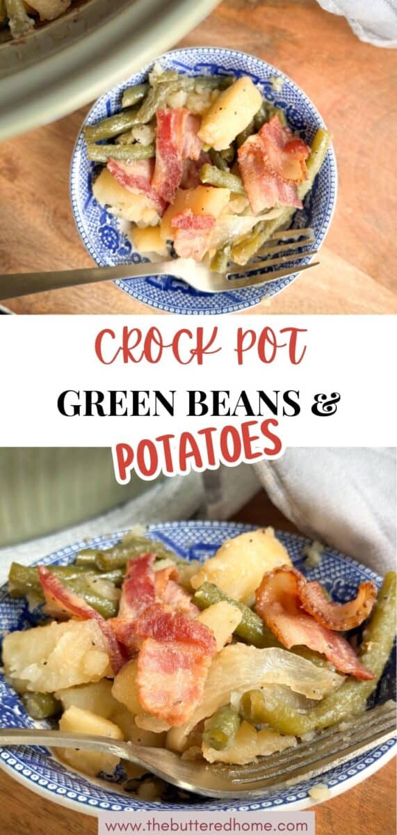 A blue and white bowl filled with green beans, potatoes, and pieces of cooked bacon. The text overlay reads "Crock Pot Green Beans & Potatoes." The dish sits on a wooden surface.