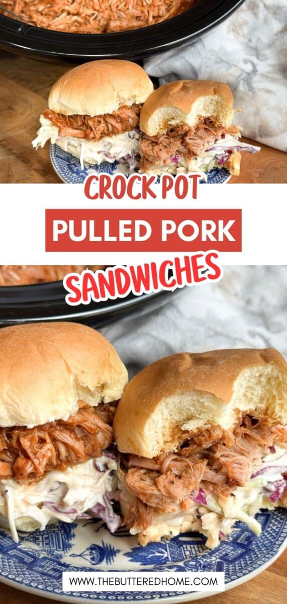 Two pulled pork sandwiches with coleslaw are served on a blue and white plate. A slow cooker filled with pulled pork is visible in the background. Text reads "Crock Pot Pulled Pork Sandwiches.
