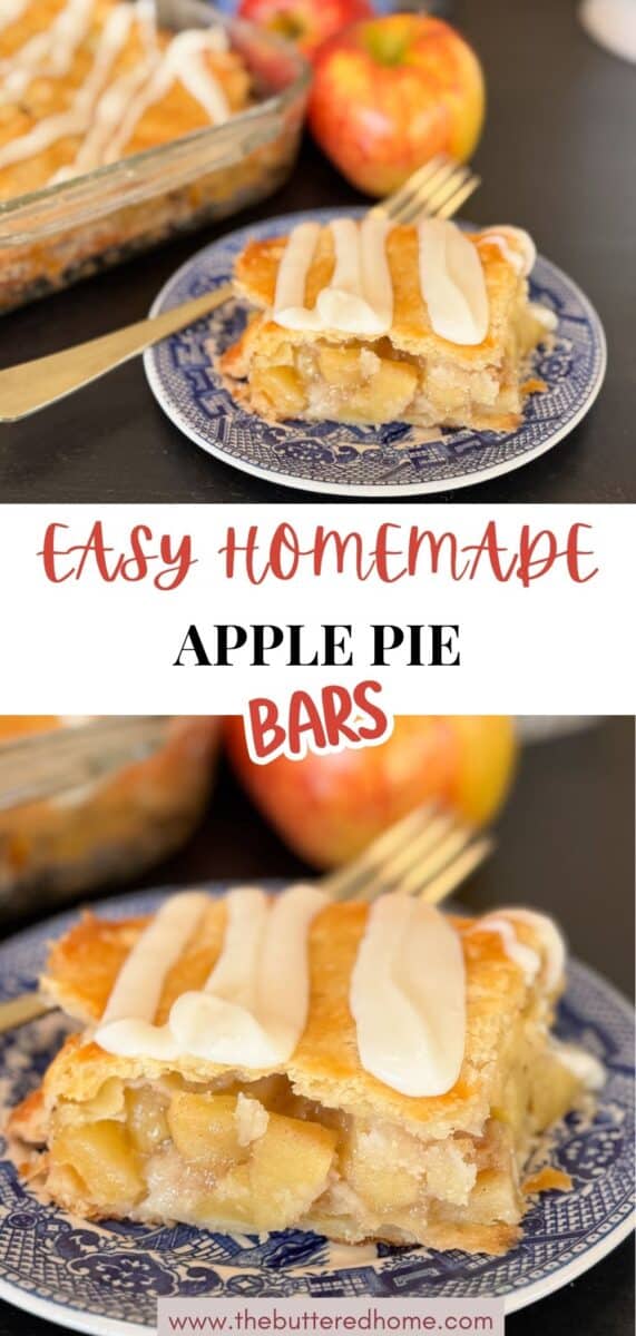 A slice of apple pie bar with icing on top is served on a blue and white plate, with a fork and apples nearby. The background shows a baking dish with more apple pie bars. Text reads "Easy Homemade Apple Pie Bars.