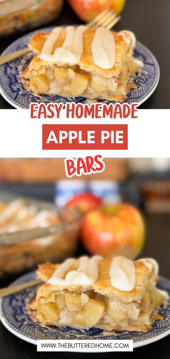 Two close-up shots of a slice of apple pie bar topped with icing, served on a blue patterned plate. A fresh apple and part of a baking dish with more apple pie bars appear in the blurred background.