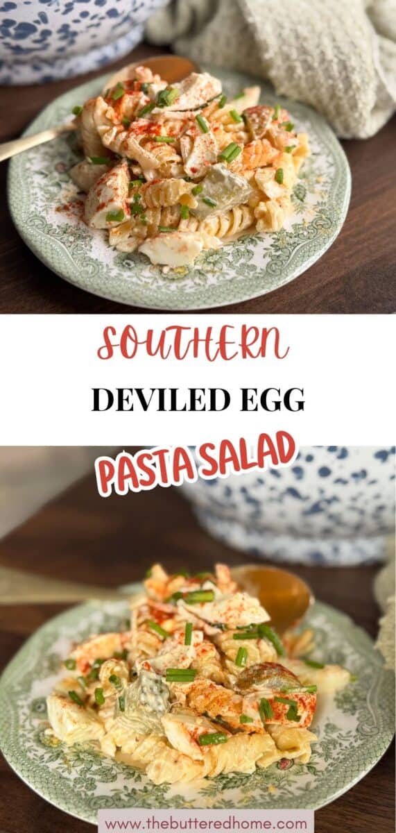A green and white plate with a serving of pasta salad topped with chopped chives and paprika sits on a wooden table. A fork is placed on the plate, and a knitted beige cloth is nearby. Text reads: "Southern Deviled Egg Pasta Salad.