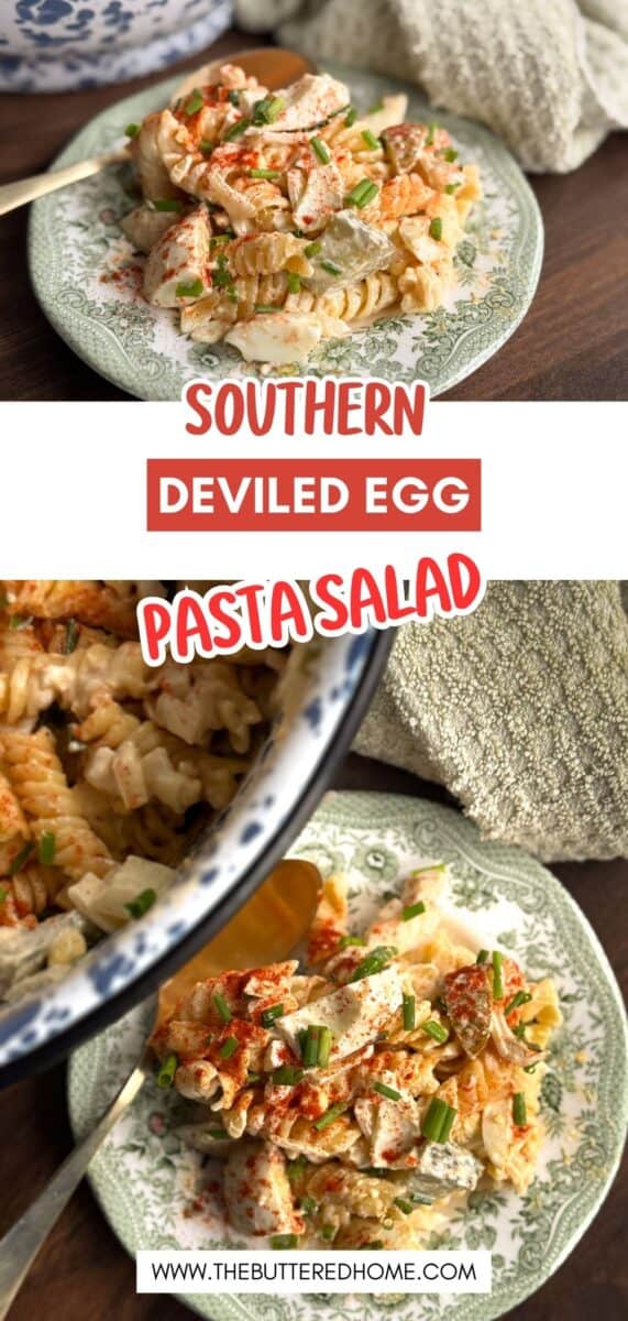 A green patterned plate holds pasta salad mixed with sliced boiled eggs, green onions, and paprika. A spoon and a beige napkin are beside the plate. The text reads “Southern Deviled Egg Pasta Salad.”.