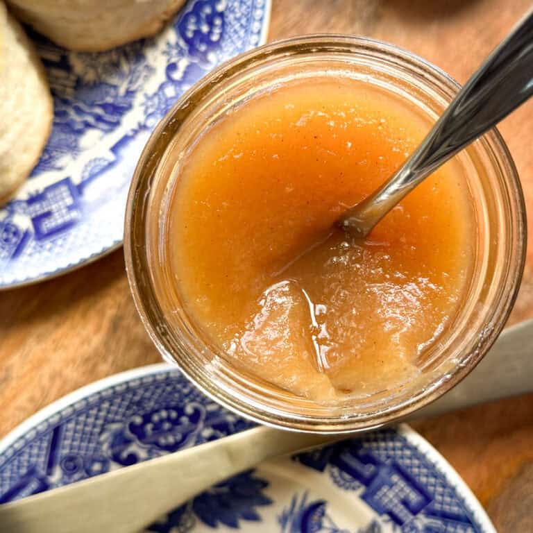 A glass jar filled with a light brown, smooth apple butter spread sits on a blue and white patterned plate, with a metal spoon inside the jar and part of a biscuit visible nearby.