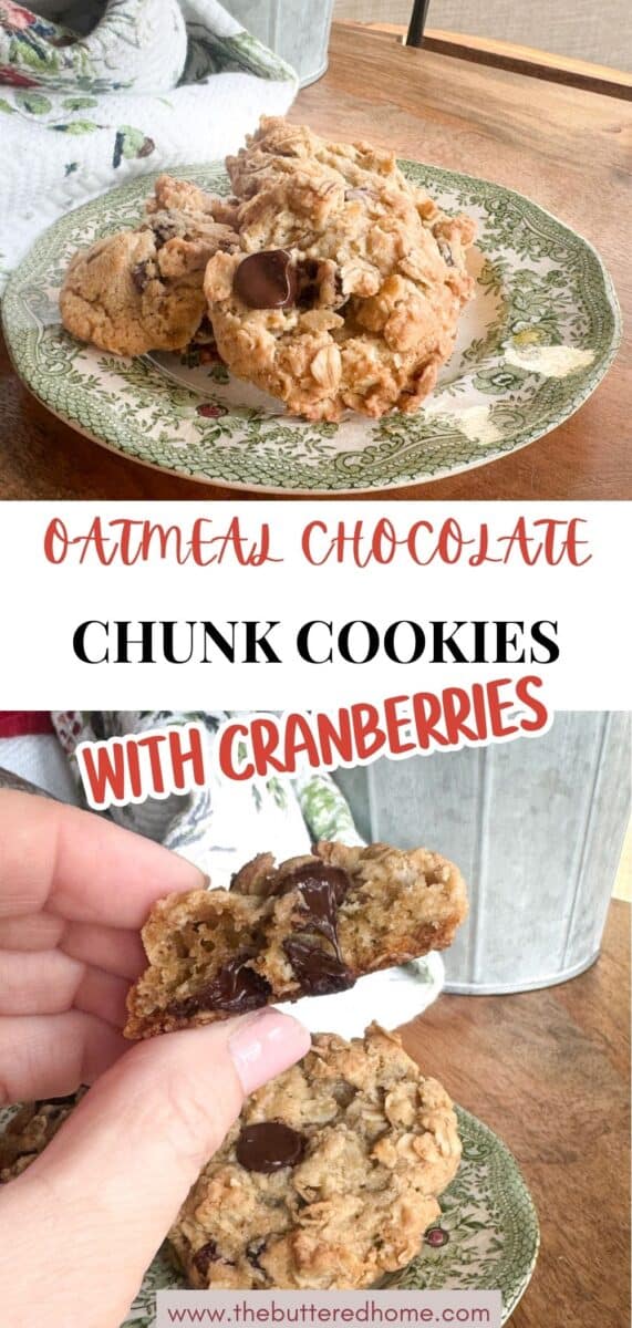 A green floral plate holds oatmeal chocolate chunk cookies. Below, a hand breaks a cookie in half to reveal a chocolate chunk and cranberries inside. Text reads: "Oatmeal Chocolate Chunk Cookies with Cranberries.