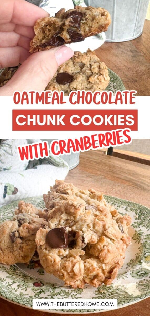 A hand holds a bitten oatmeal chocolate chunk cookie with cranberries above a table. Below, two more cookies sit on a green-patterned plate. Text reads: "Oatmeal chocolate chunk cookies with cranberries.