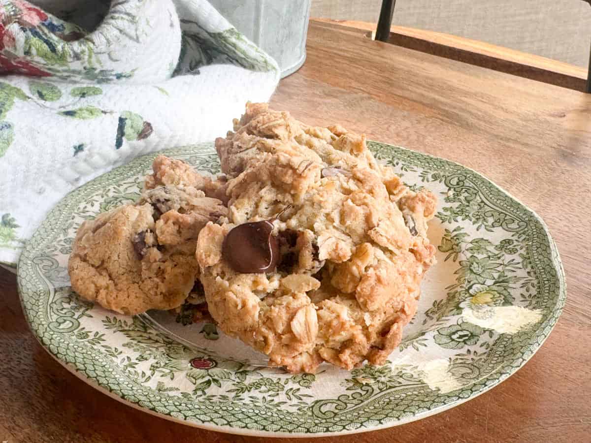 A floral-patterned plate holds three oatmeal chocolate chip cookies on a wooden table. A towel with a bird design is partially visible in the background.