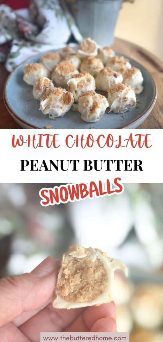 A plate of white chocolate-coated peanut butter snowball treats, some sprinkled with crumbs. Below, a hand holds one snowball with a bite taken, showing the creamy peanut butter filling inside. Text reads: “White Chocolate Peanut Butter Snowballs.”.