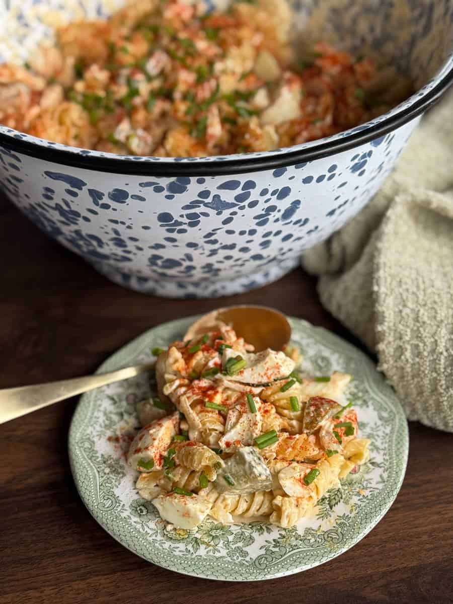 A plate of pasta salad with spiral noodles, chopped vegetables, herbs, and a creamy dressing sits in front of a large speckled mixing bowl filled with more of the same salad. A spoon rests on the plate.