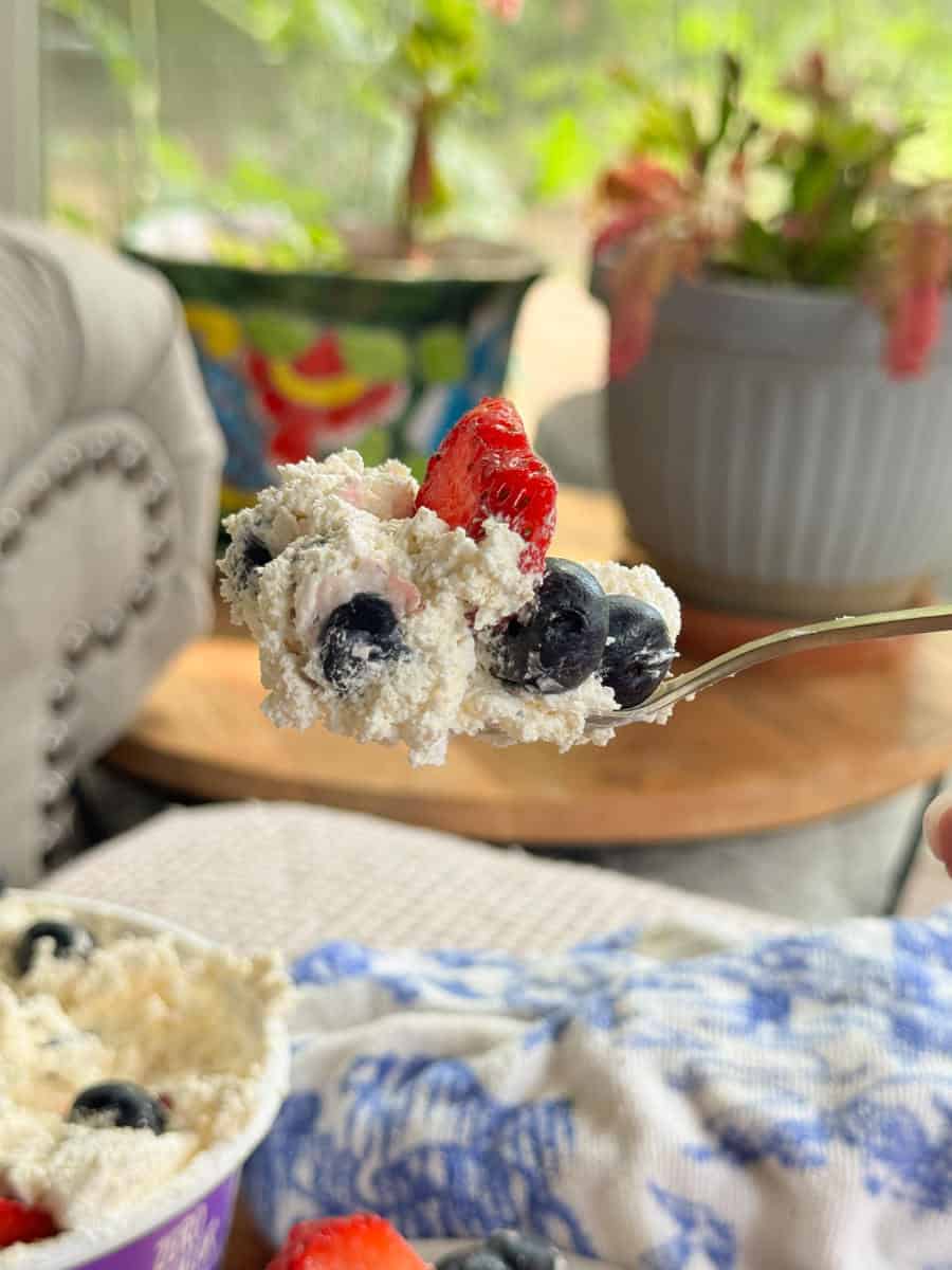 A close-up of a fork holding a bite of whipped dessert with blueberries and a strawberry, with a blurred background showing potted plants and part of a couch.